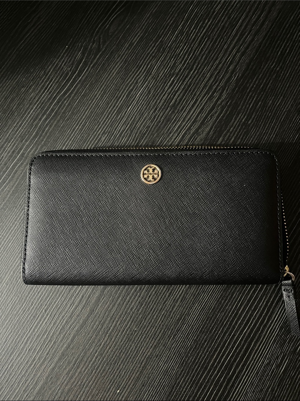 Tory Burch Black Saffiano Zip Continental Wallet with Gold Logo